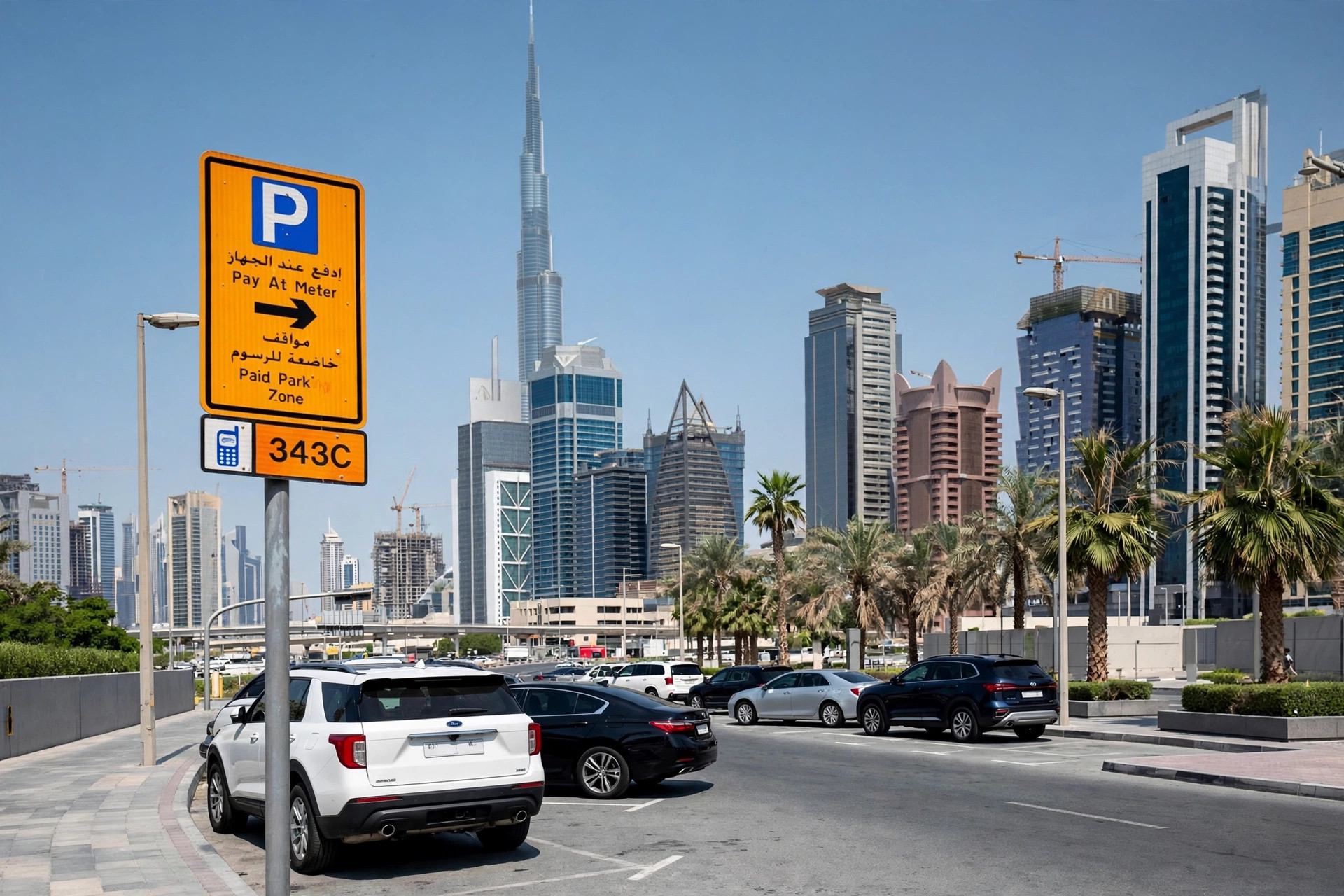 Cars parked along a street in Dubai with a Parkin paid parking sign visible