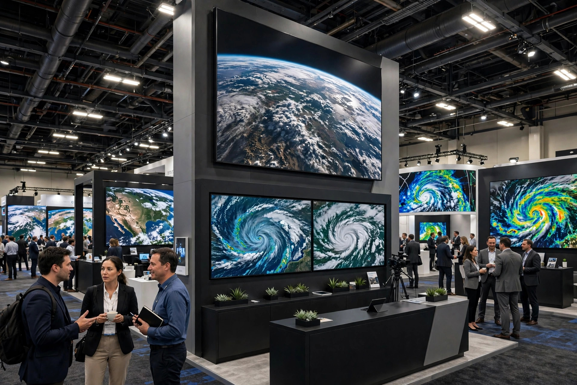 Attendees walking between modern booths with large screens at a broadcast and satellite trade show
