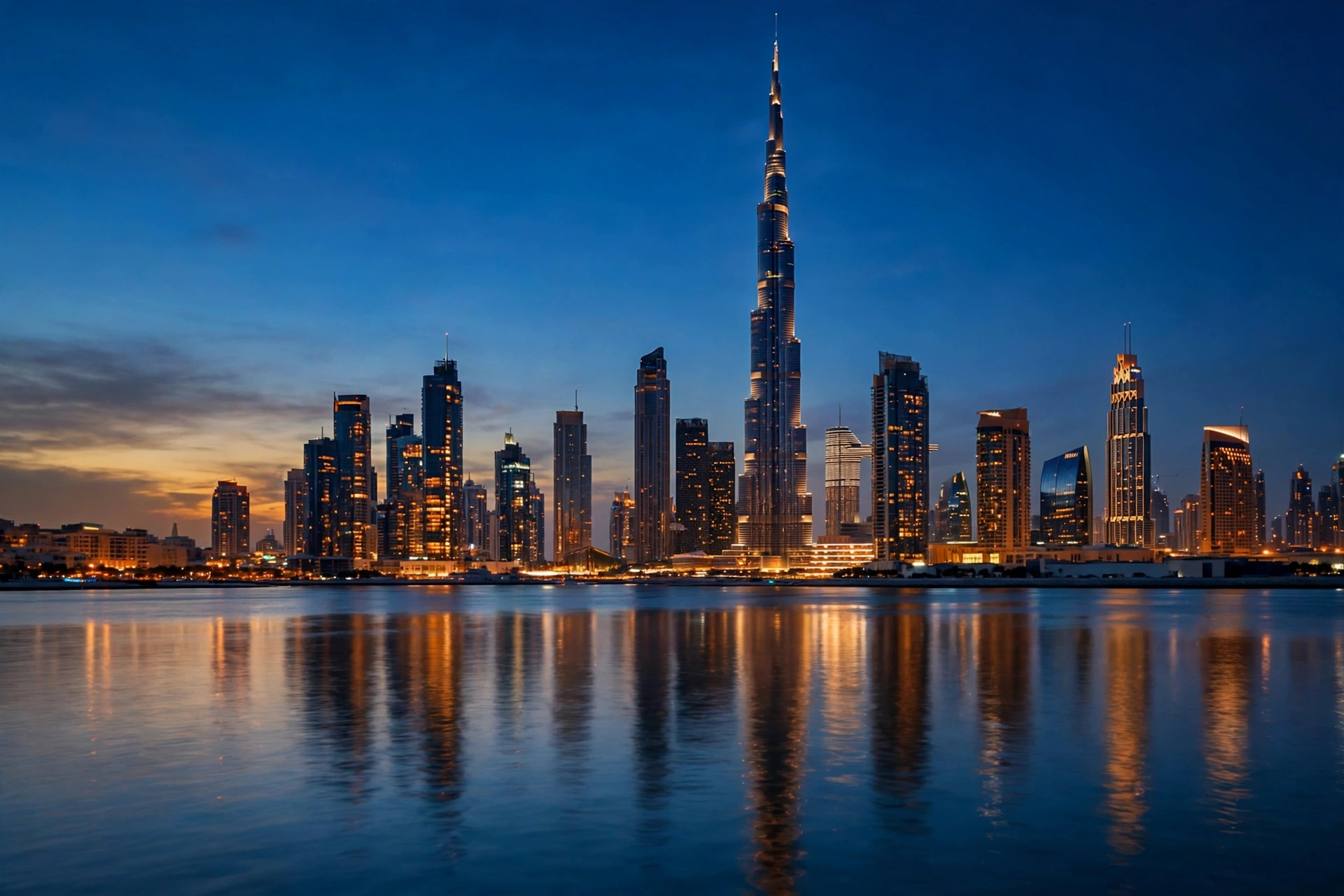 Dubai's skyline at dusk with the Burj Khalifa, viewed across the water