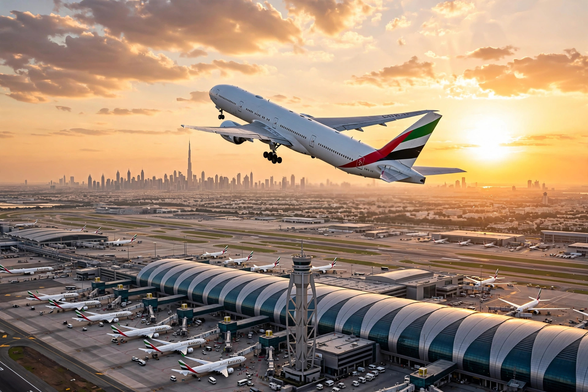 A flydubai aircraft taking off from Dubai International Airport at sunset