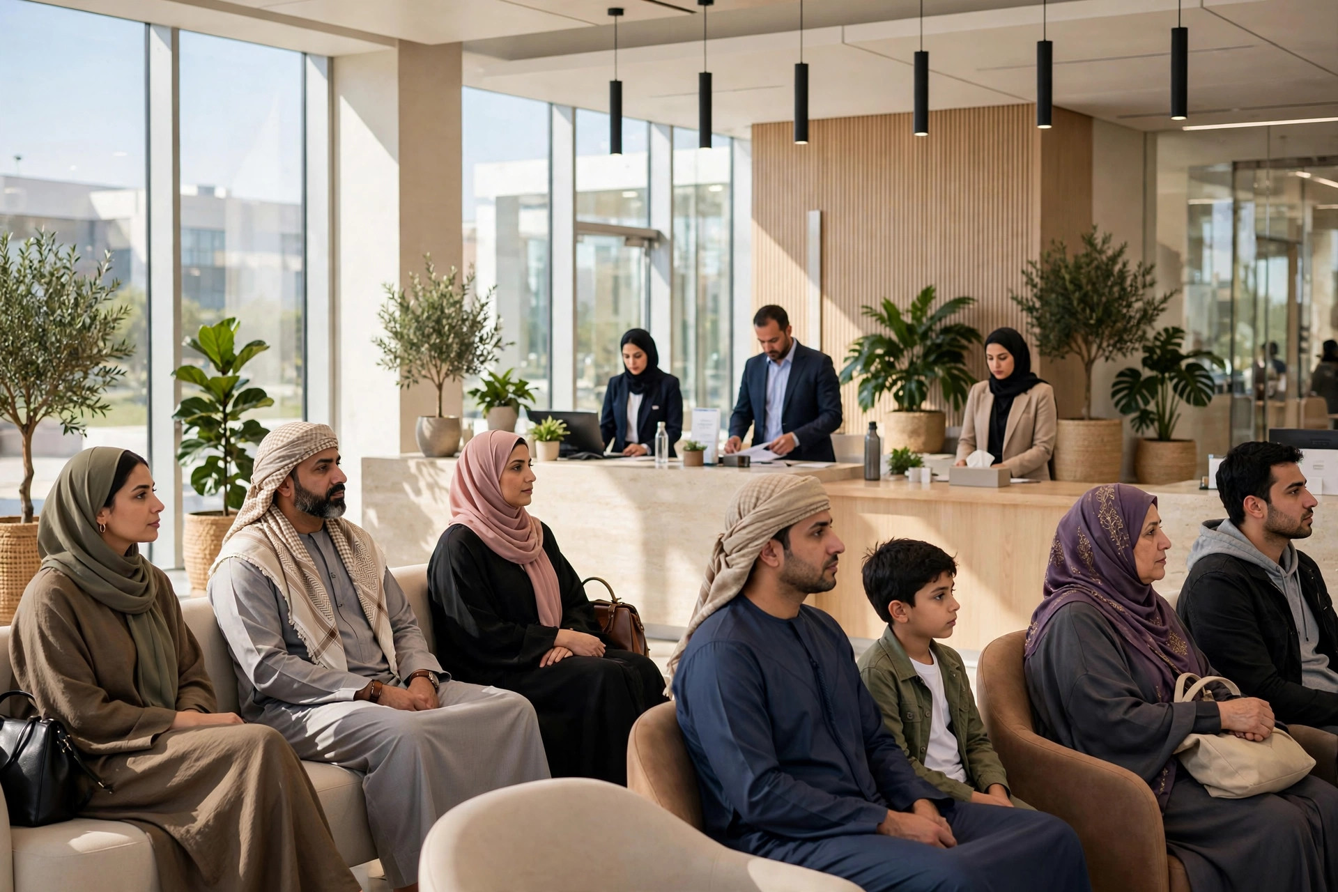 Passengers waiting in a modern visa application centre in Beirut