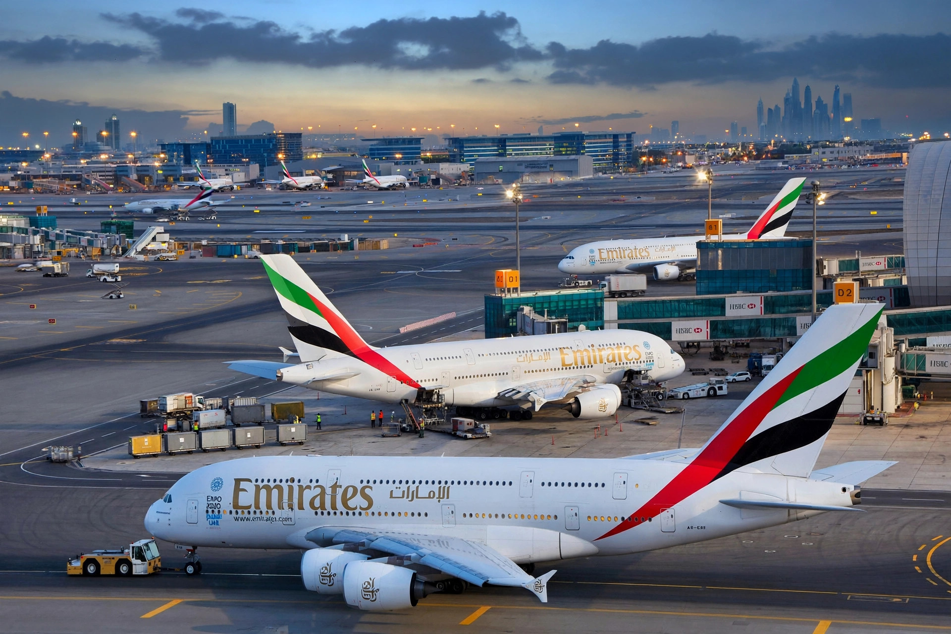 An Emirates passenger aircraft parked at a gate at Dubai airport at dusk