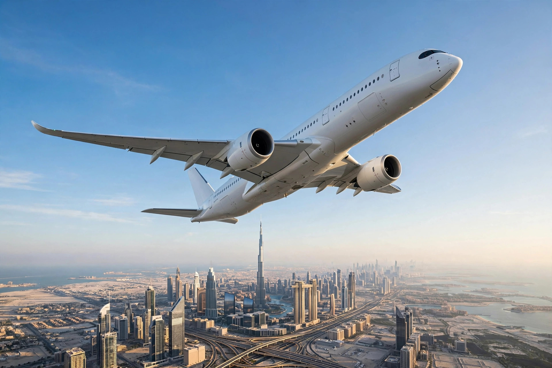 Emirates Boeing 777 climbing above Dubai with the skyline below