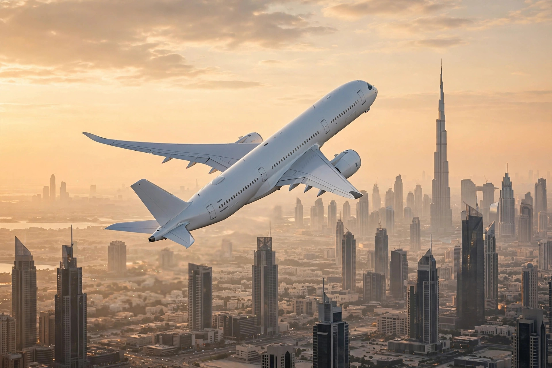 Emirates Airbus A350 climbing above Dubai's skyline at dawn