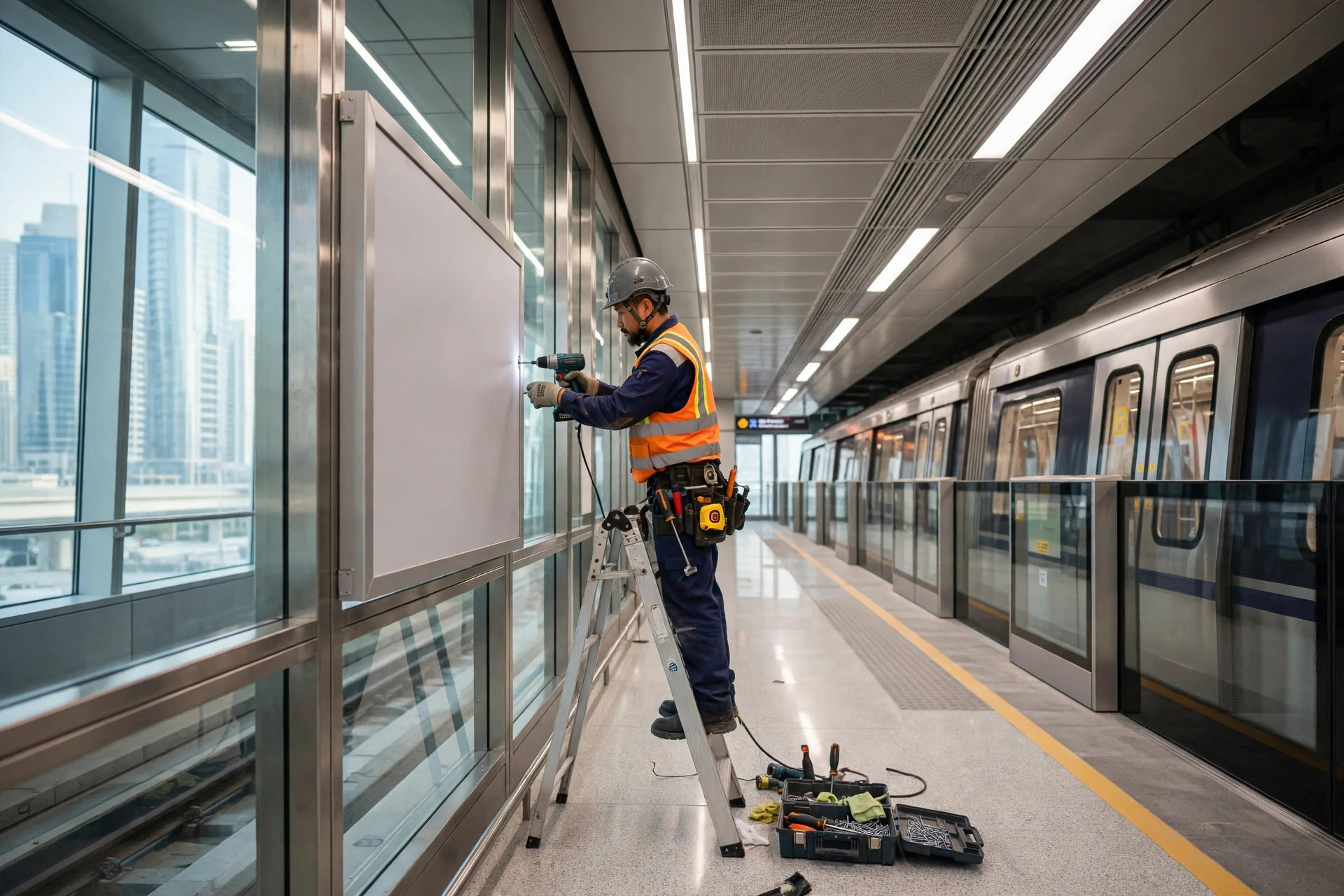 Dubai Metro station signage being updated with the new Garmin Metro Station name