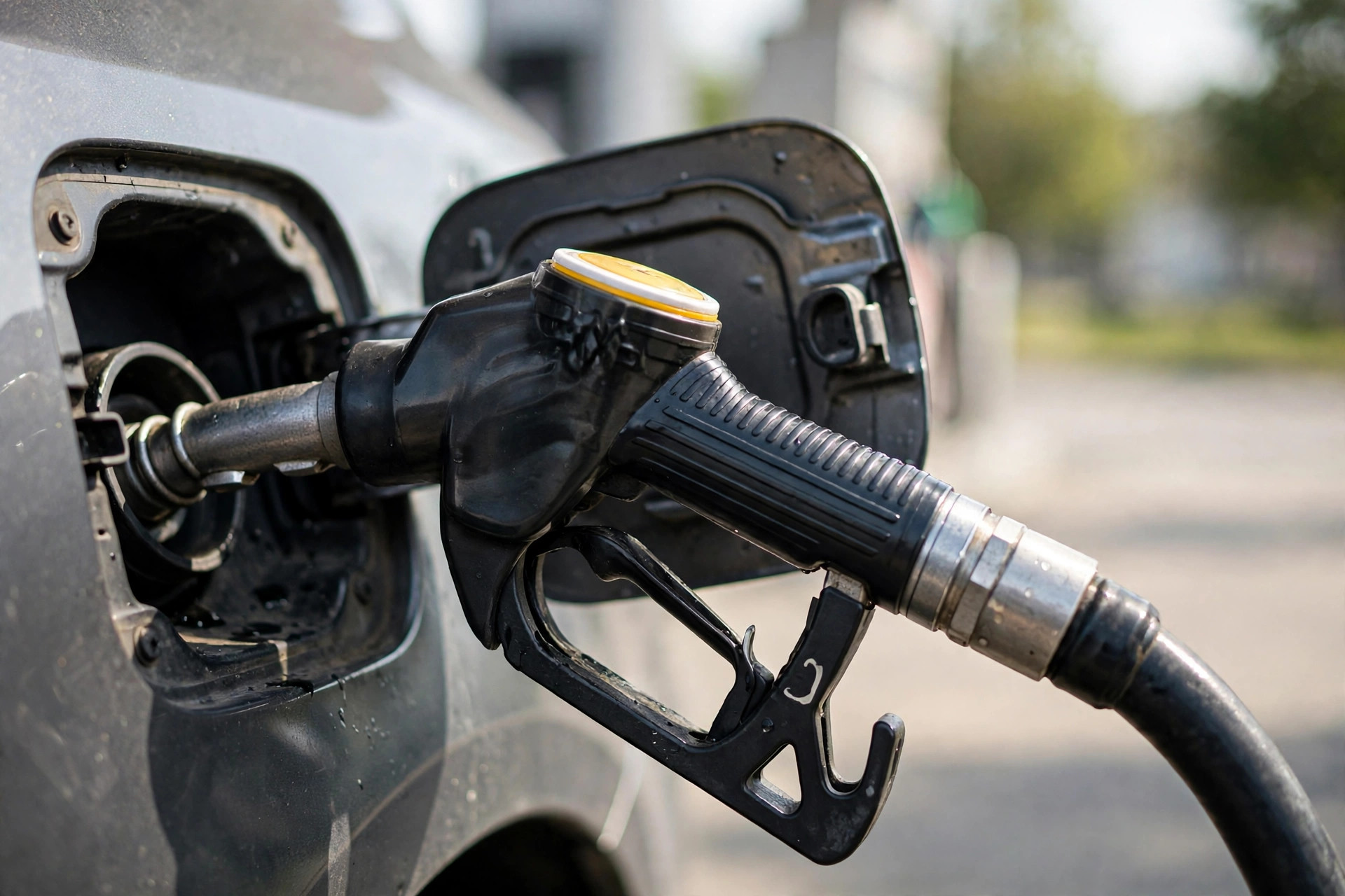 Fuel nozzle at a petrol pump in the UAE with price display