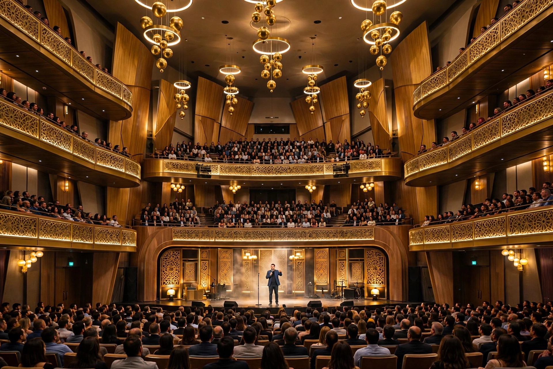 A comedian performing on stage at Dubai Opera in front of a large audience