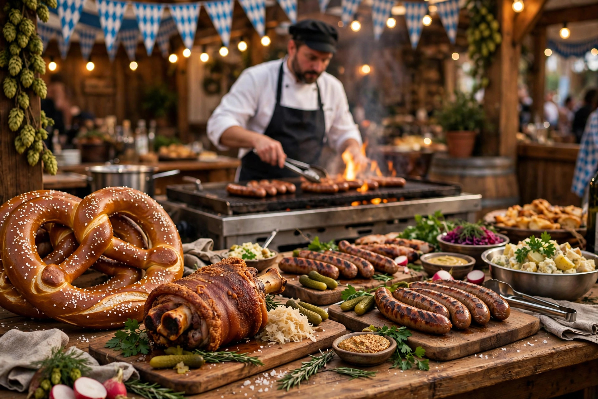 An all-you-can-eat German buffet with pretzels, pork knuckle and sausages at an Oktoberfest celebration