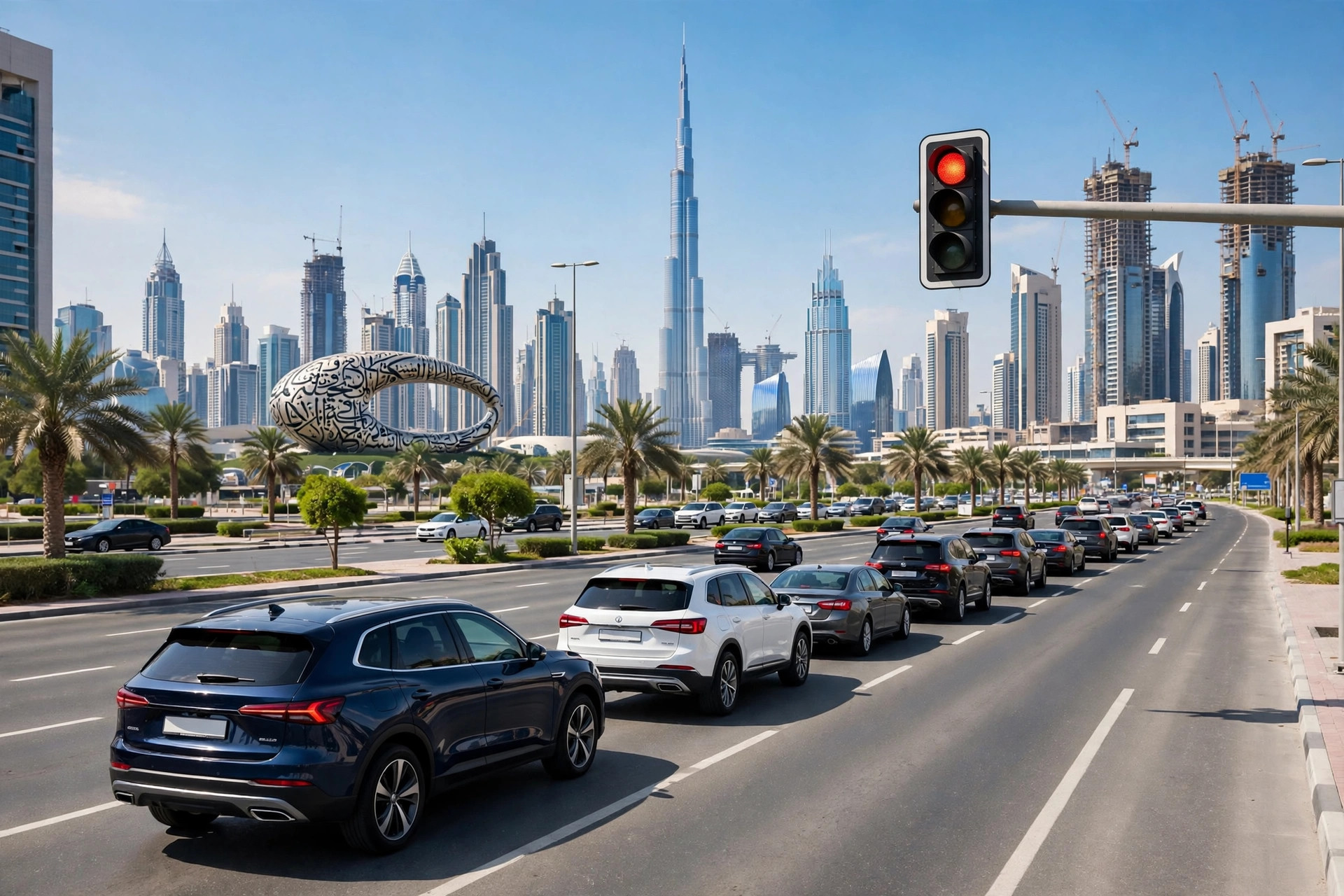 Cars waiting at a traffic light on a busy multi-lane road in Dubai with the city skyline behind