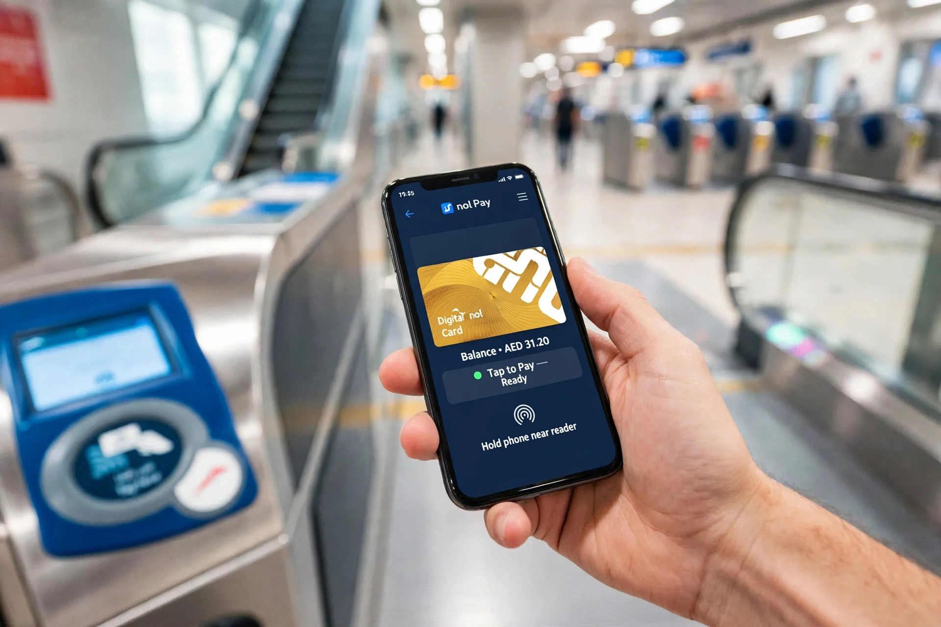 Traveller holding a smartphone up to a ticket gate reader at a Dubai Metro station