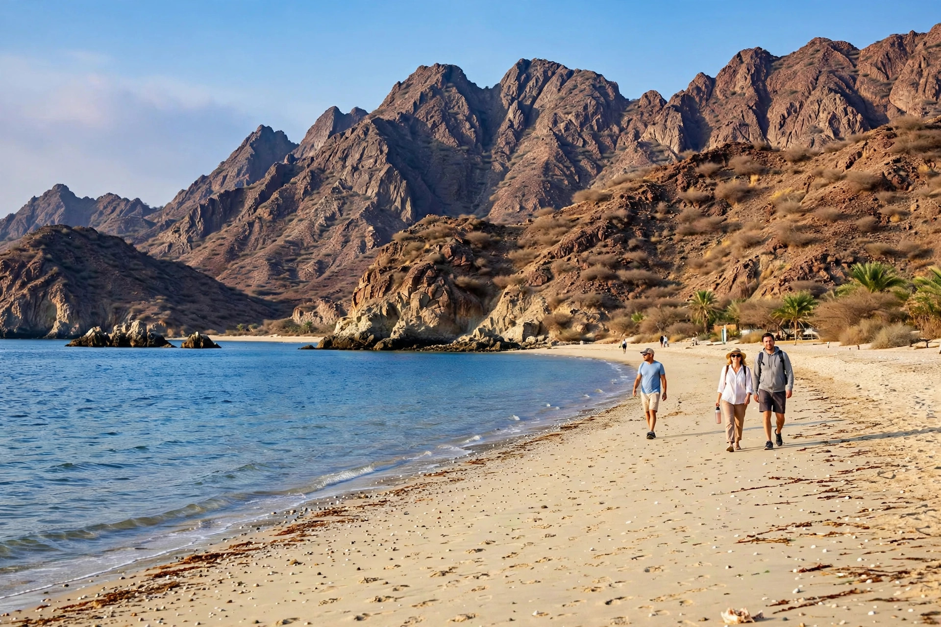 Fujairah's east coast beach with the Hajar Mountains rising behind it