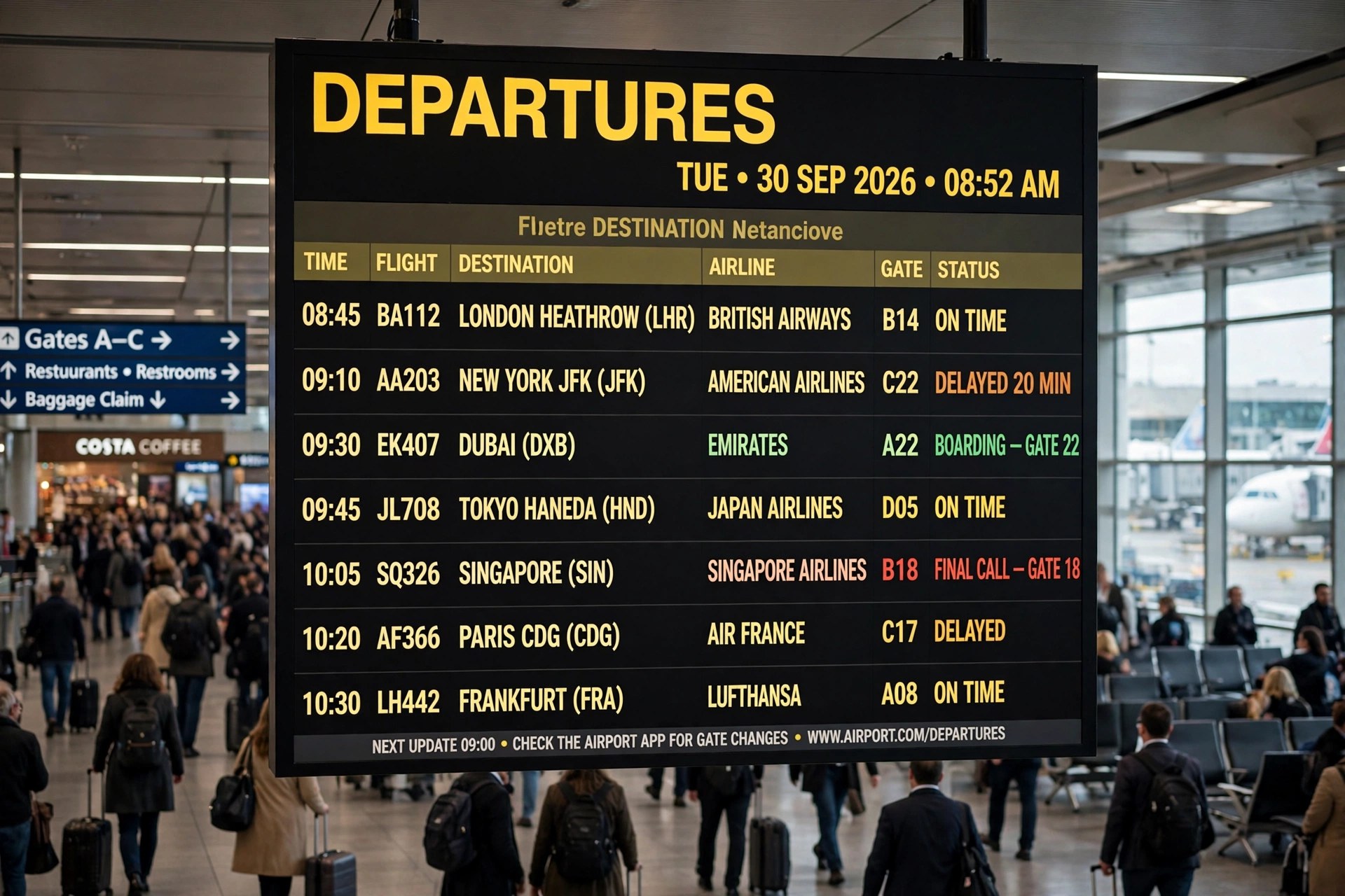 Departures board at Dubai International Airport during the winter travel season