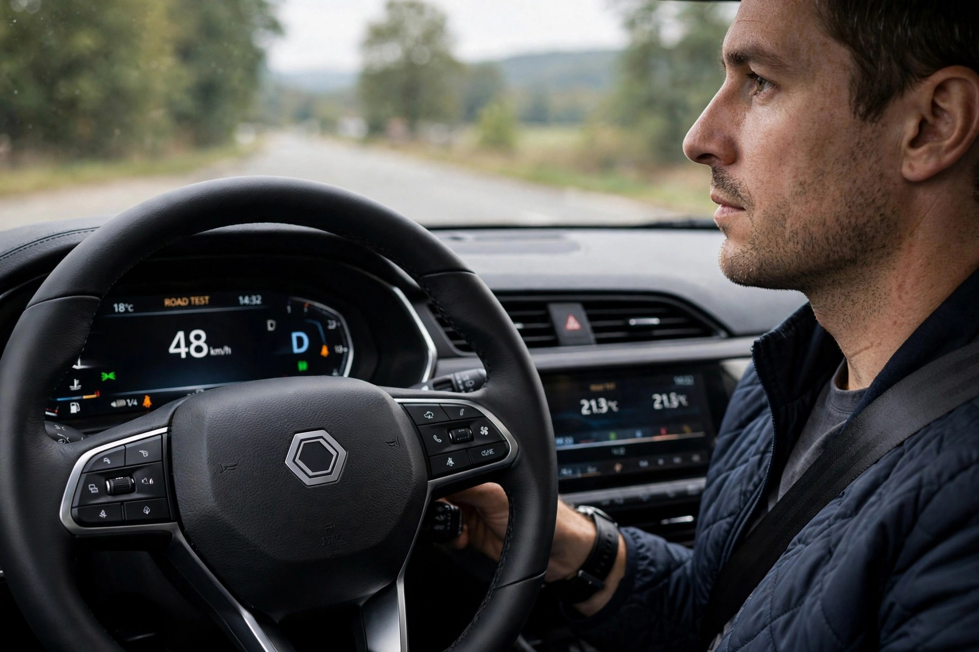 Close-up of a car dashboard with an AI-powered test system monitoring the driver