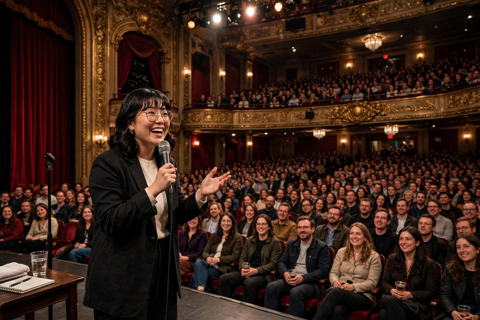 Comedian performing on stage at Dubai Opera in front of a full audience
