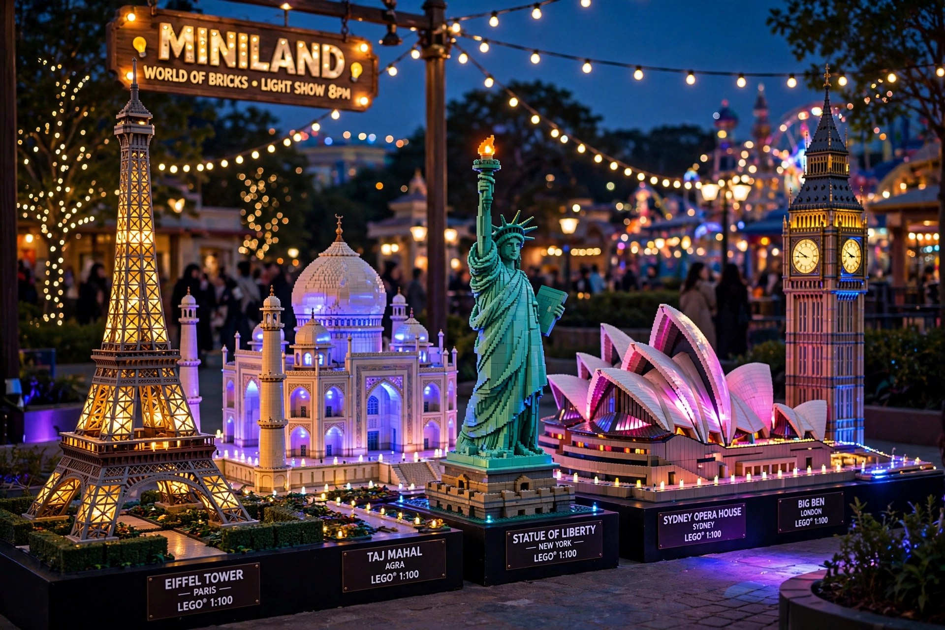 Colourful LEGO landmark models at LEGOLAND Dubai MINILAND during an evening light show