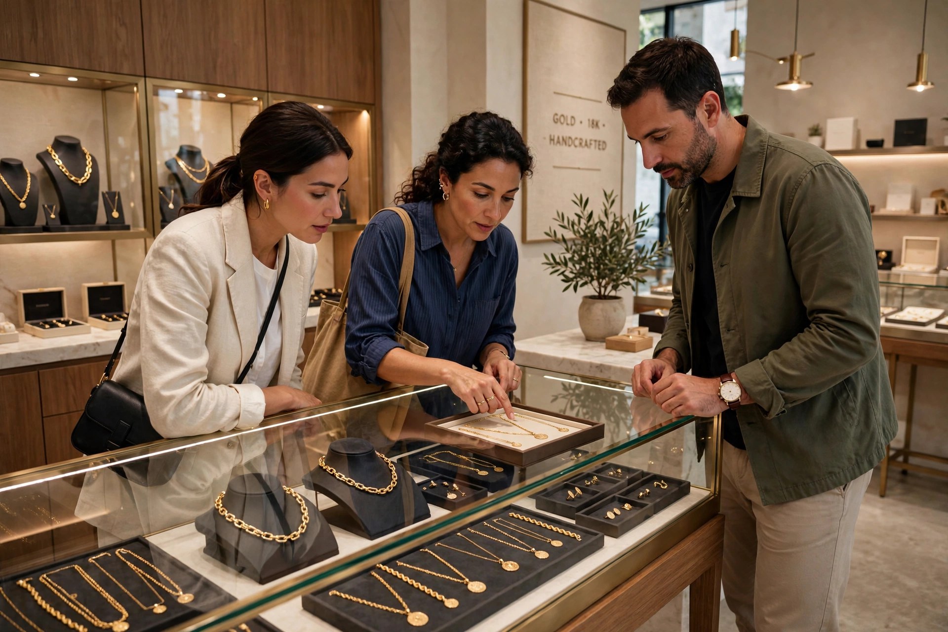 Shoppers browsing gold necklaces in a Dubai jewellery showroom