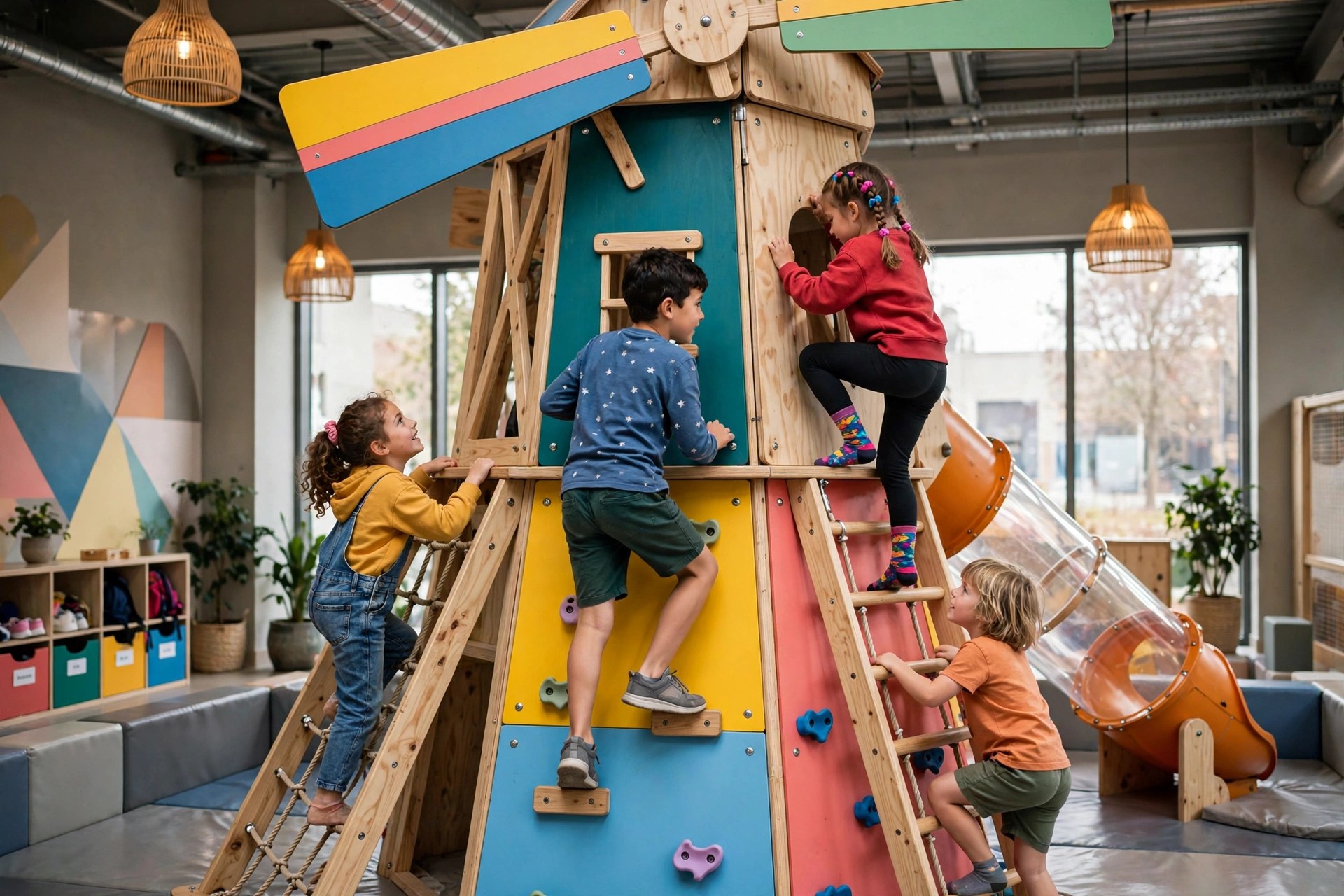 Kids climbing a colourful play structure inspired by a Dutch windmill