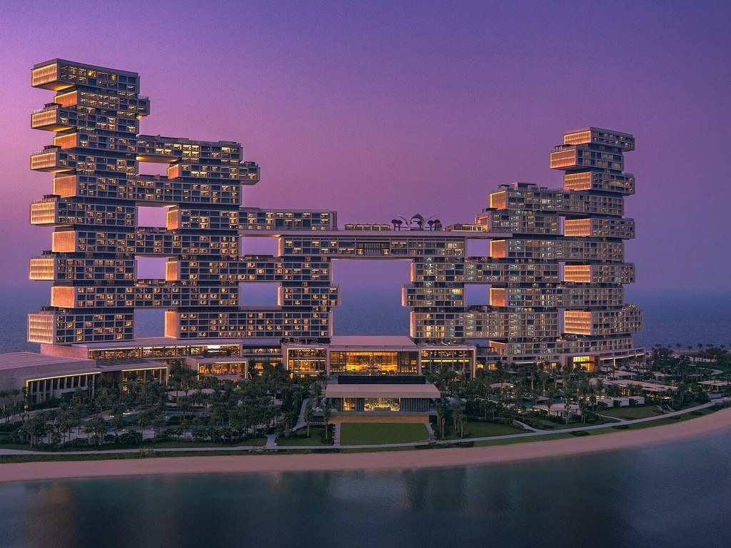 The modern glass towers of Atlantis The Royal rising above Palm Jumeirah, Dubai