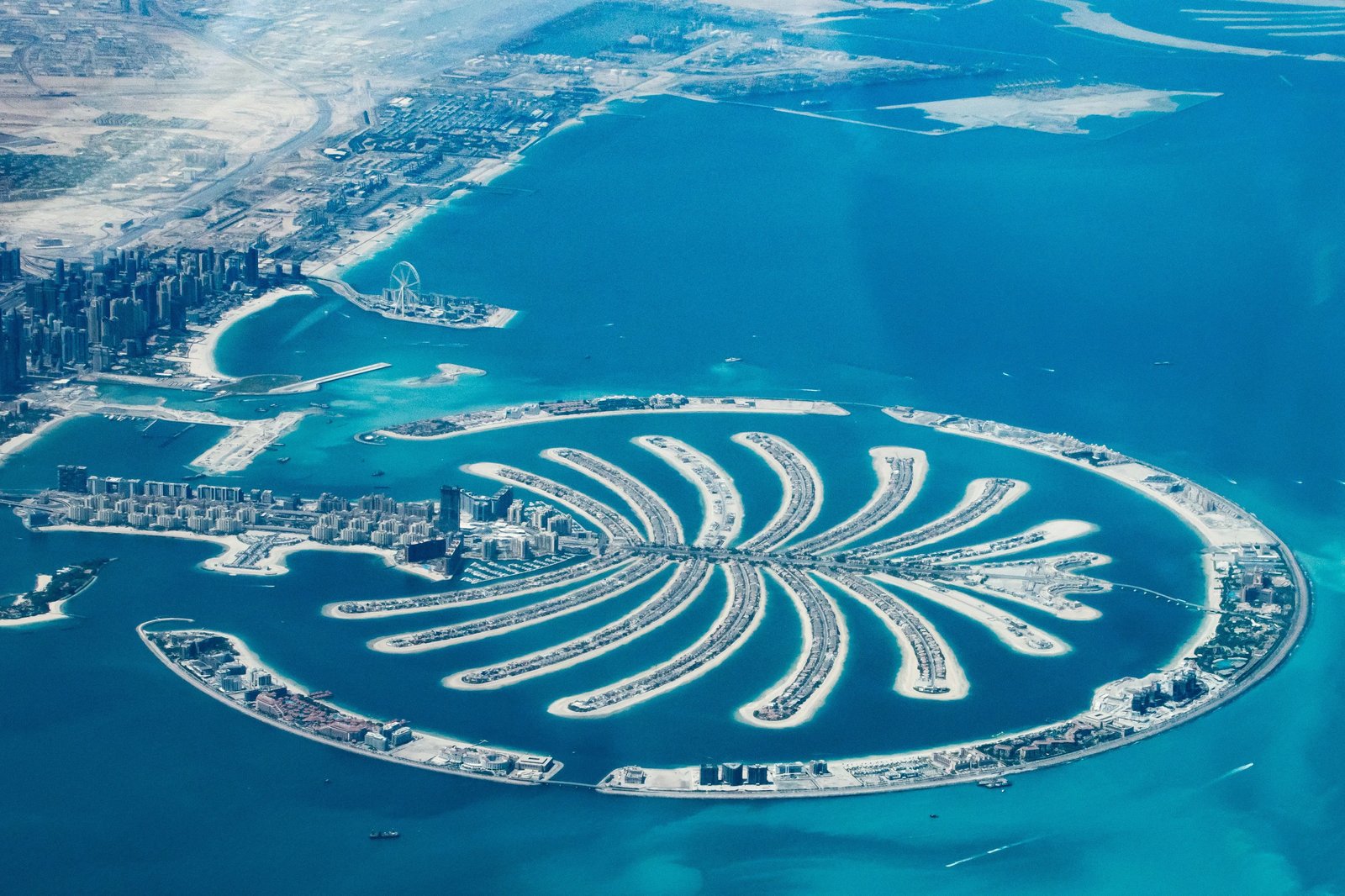 Aerial view of Palm Jumeirah, Dubai, showing the palm fronds and crescent
