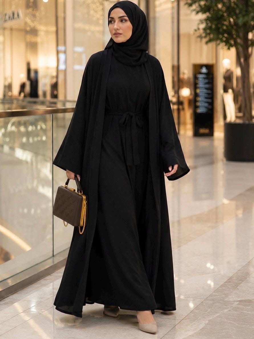 Woman in an open black abaya with a waist belt walking through a Dubai shopping mall