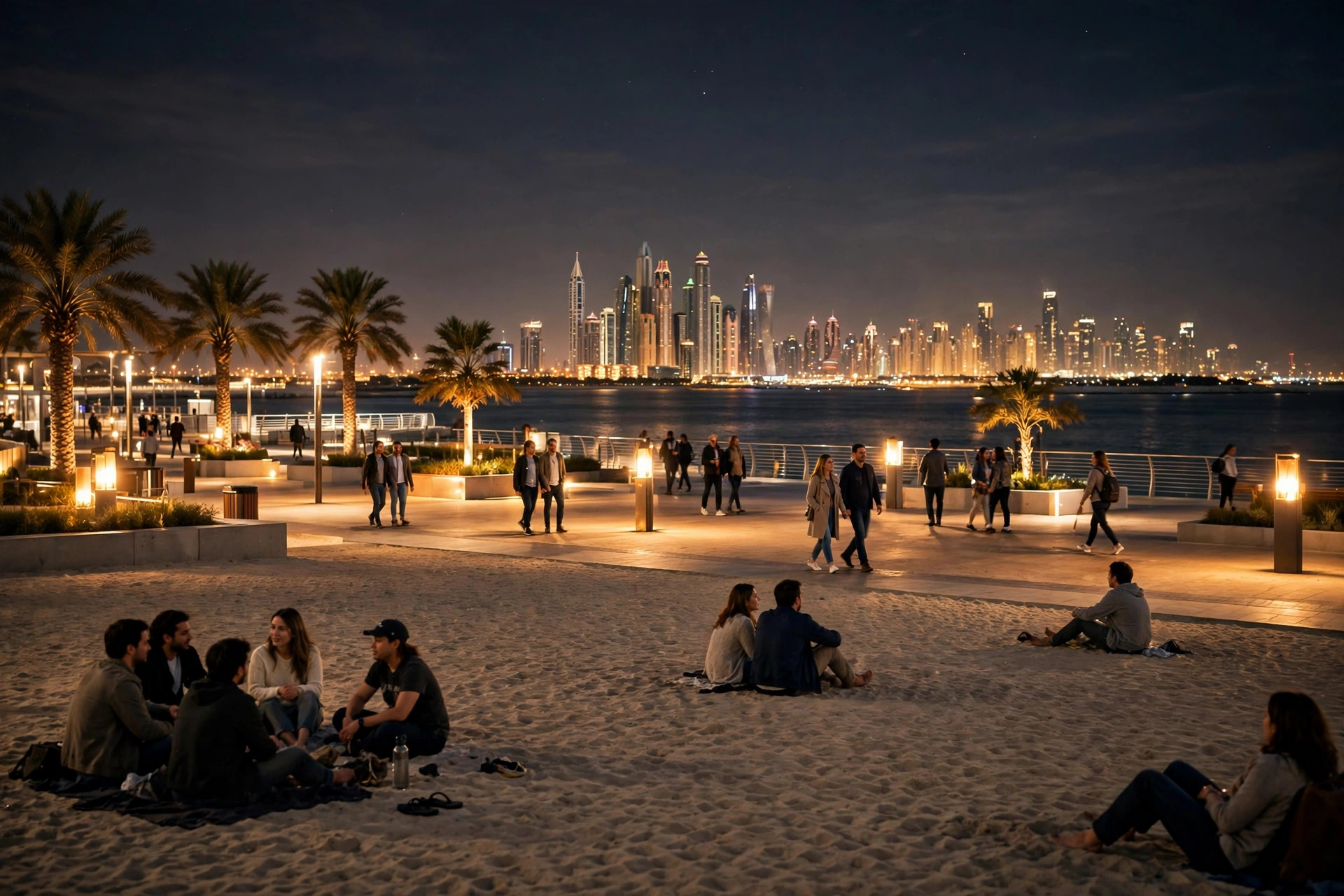 Evening crowd on a Dubai beach with smart lighting along the promenade