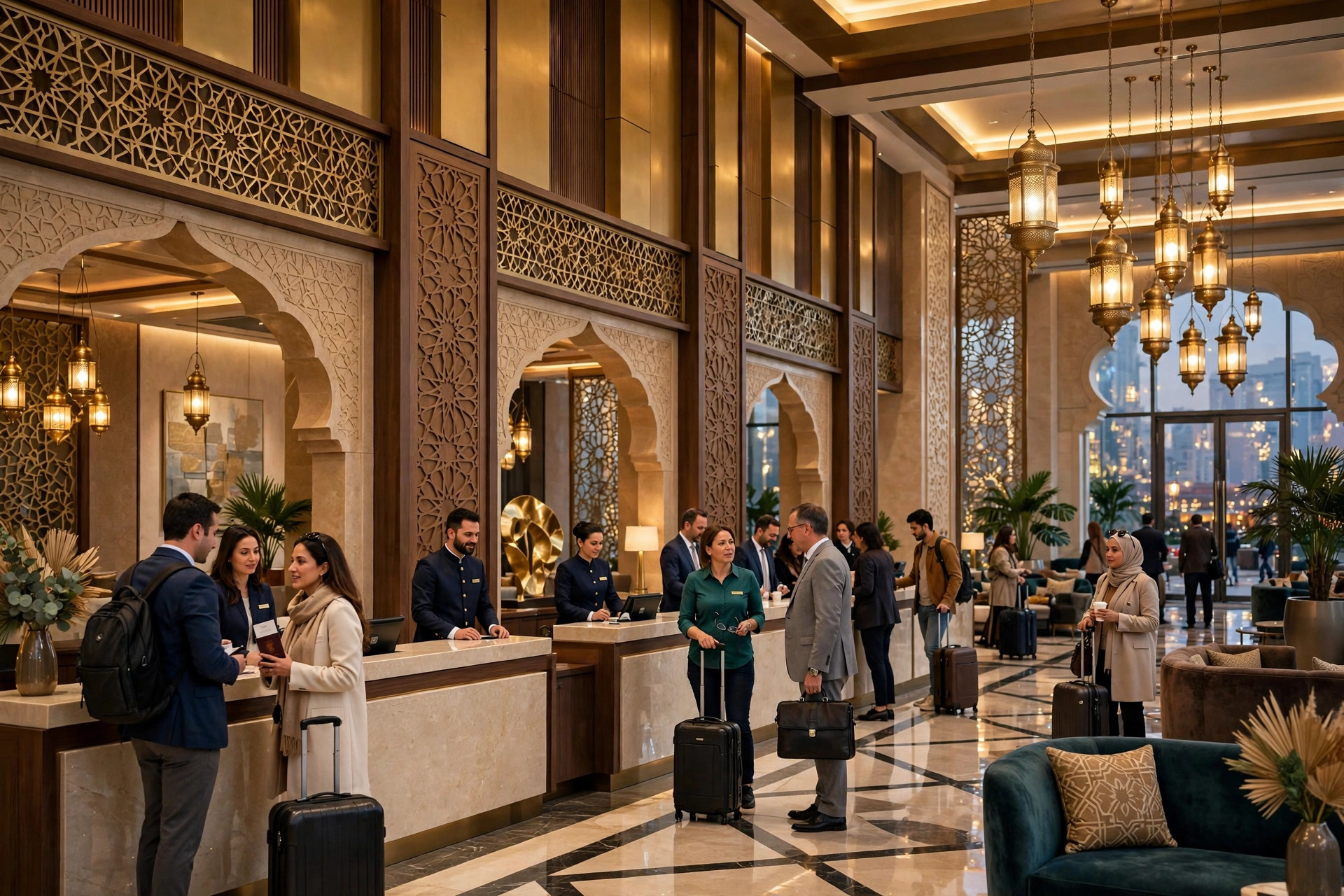 A busy Dubai hotel lobby with guests checking in