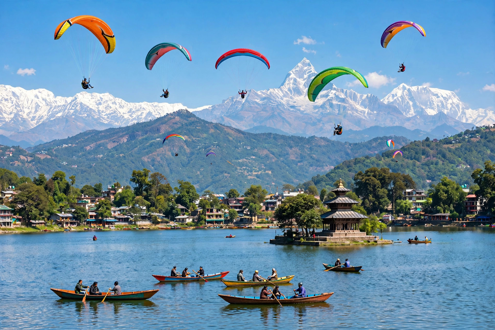 Paragliders soaring over Phewa Lake in Pokhara with the Annapurna mountains behind