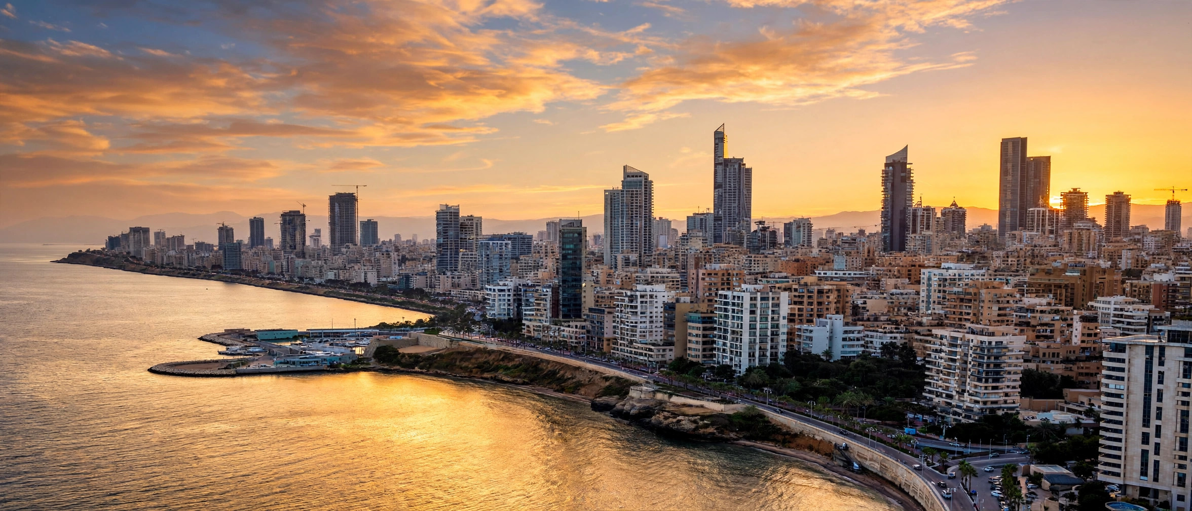 Beirut's skyline with the Mediterranean Sea at sunset