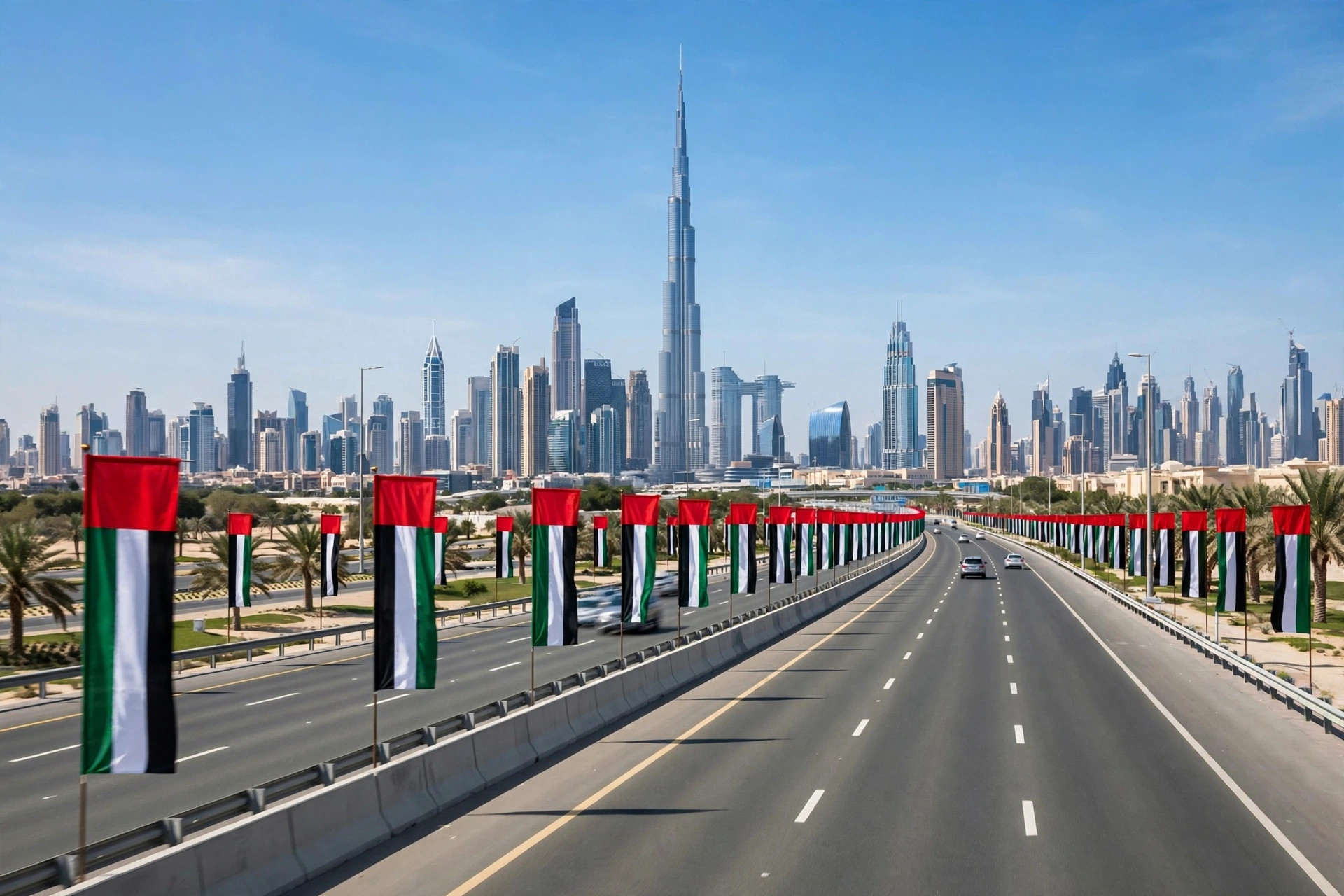 Dubai skyline seen from a highway lined with UAE national flags