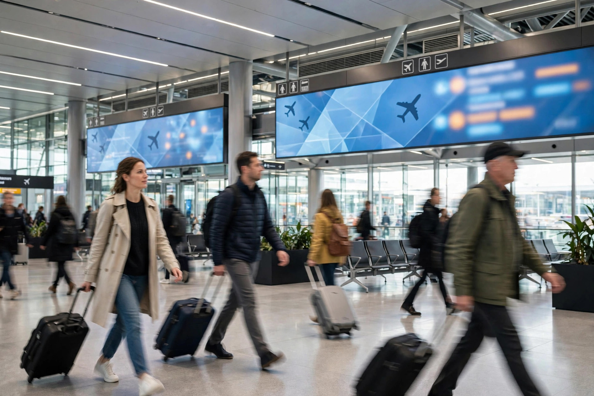 Passengers walking through a modern airport terminal with departure boards