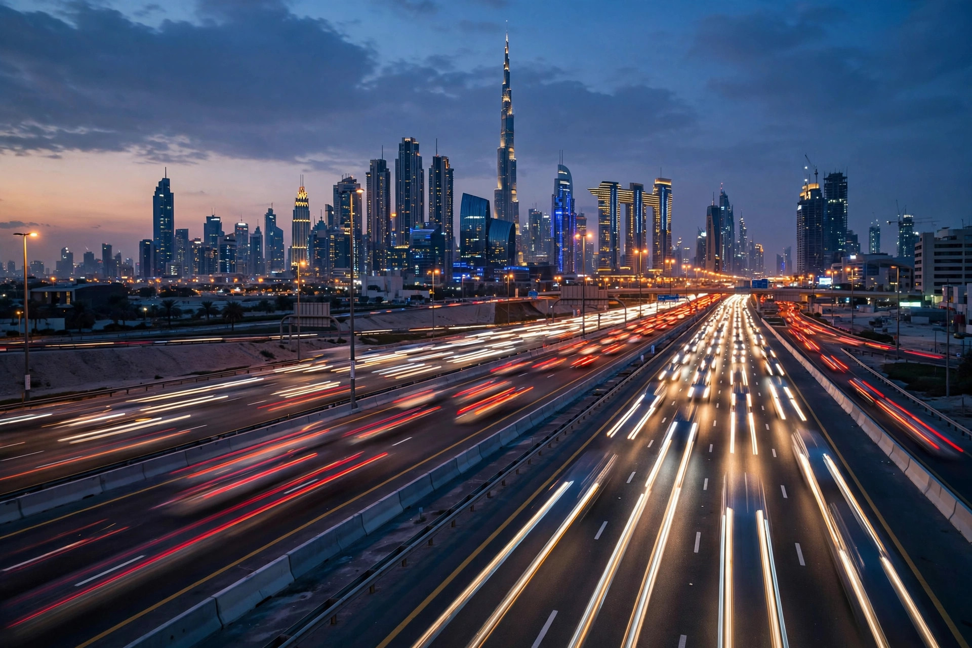 Dubai highway with evening traffic and illuminated skyline