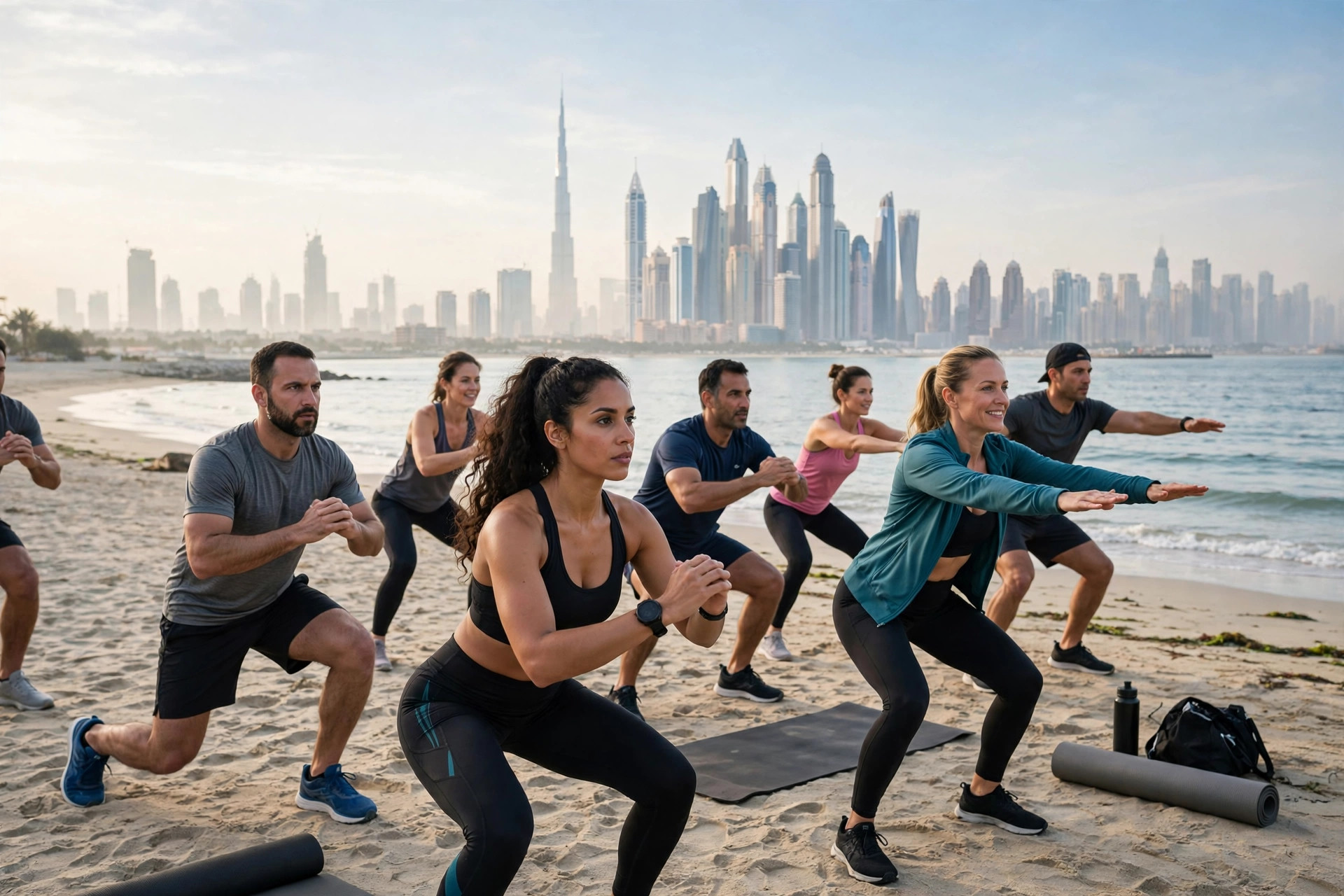 People doing outdoor group fitness on Kite Beach with Dubai skyline in the distance