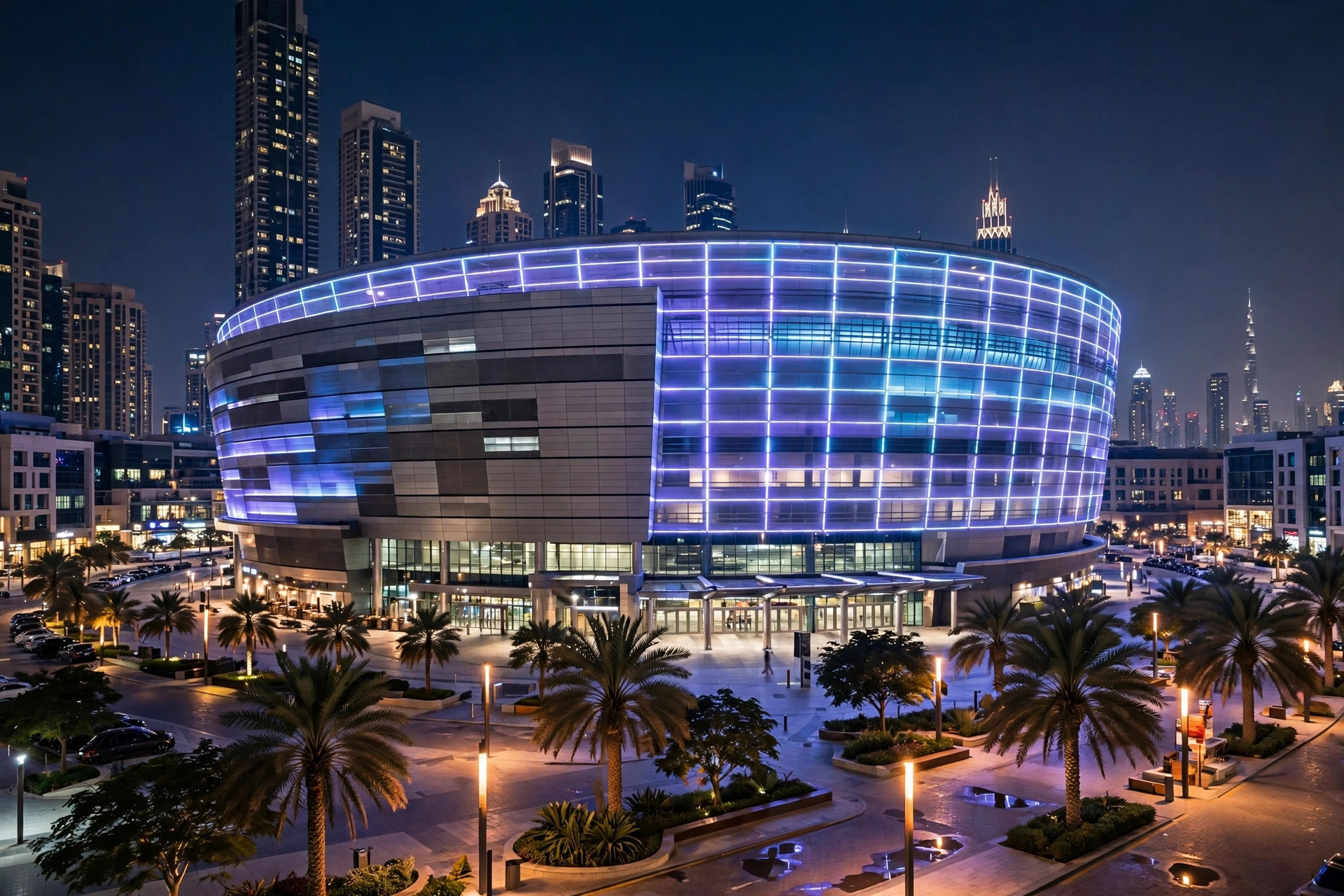 The Coca-Cola Arena lit up at night in Dubai's City Walk district