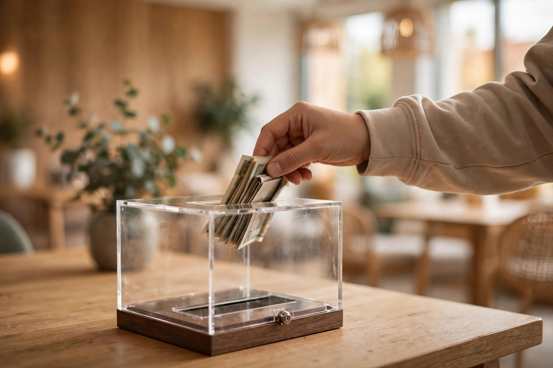 Hand placing a donation into an official charity collection box in Dubai