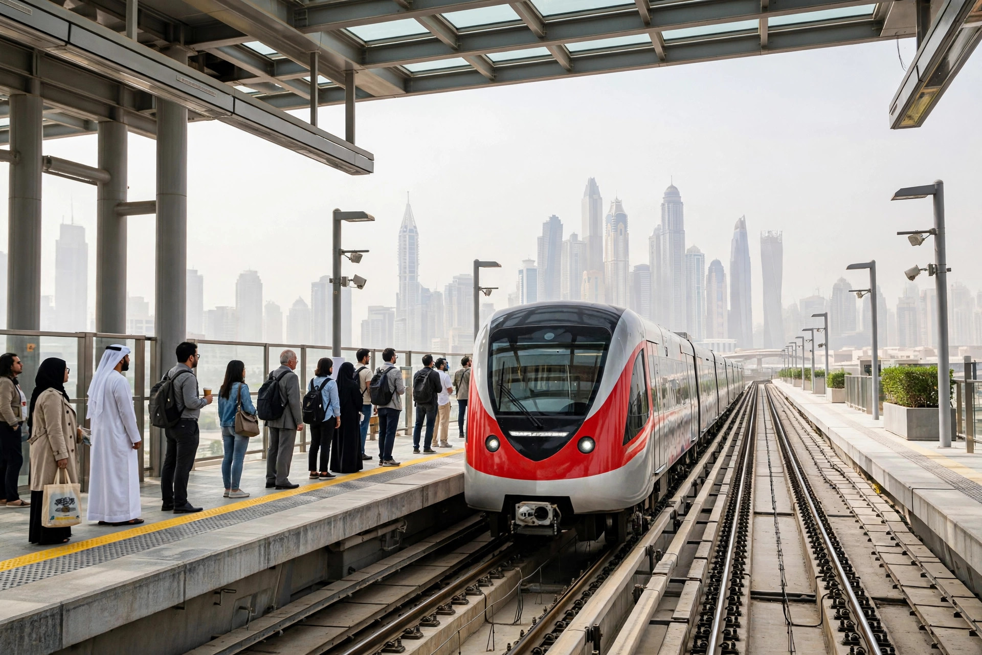 Dubai Metro train arriving at an elevated station platform with passengers waiting