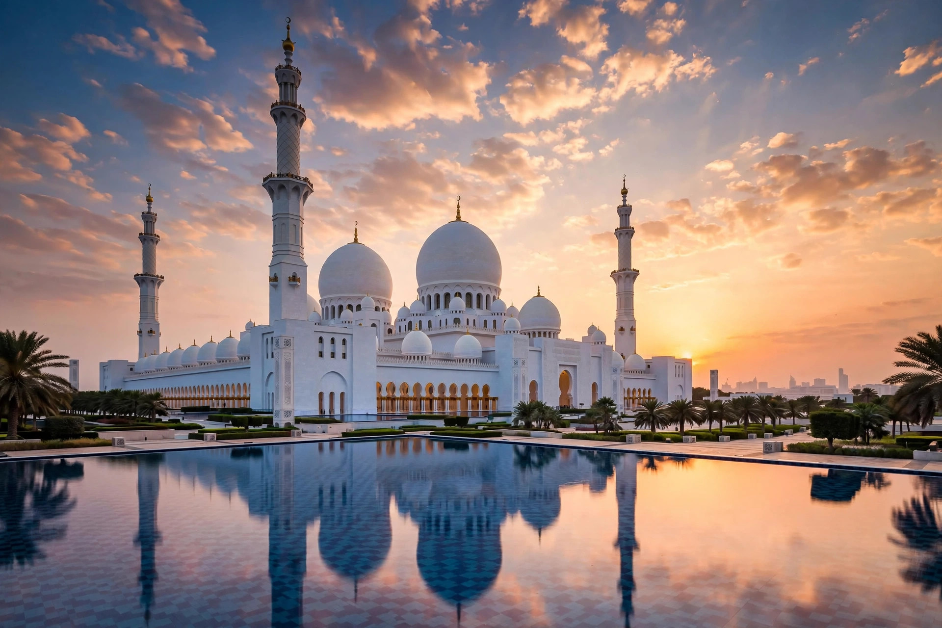 Sheikh Zayed Grand Mosque in Abu Dhabi at sunset