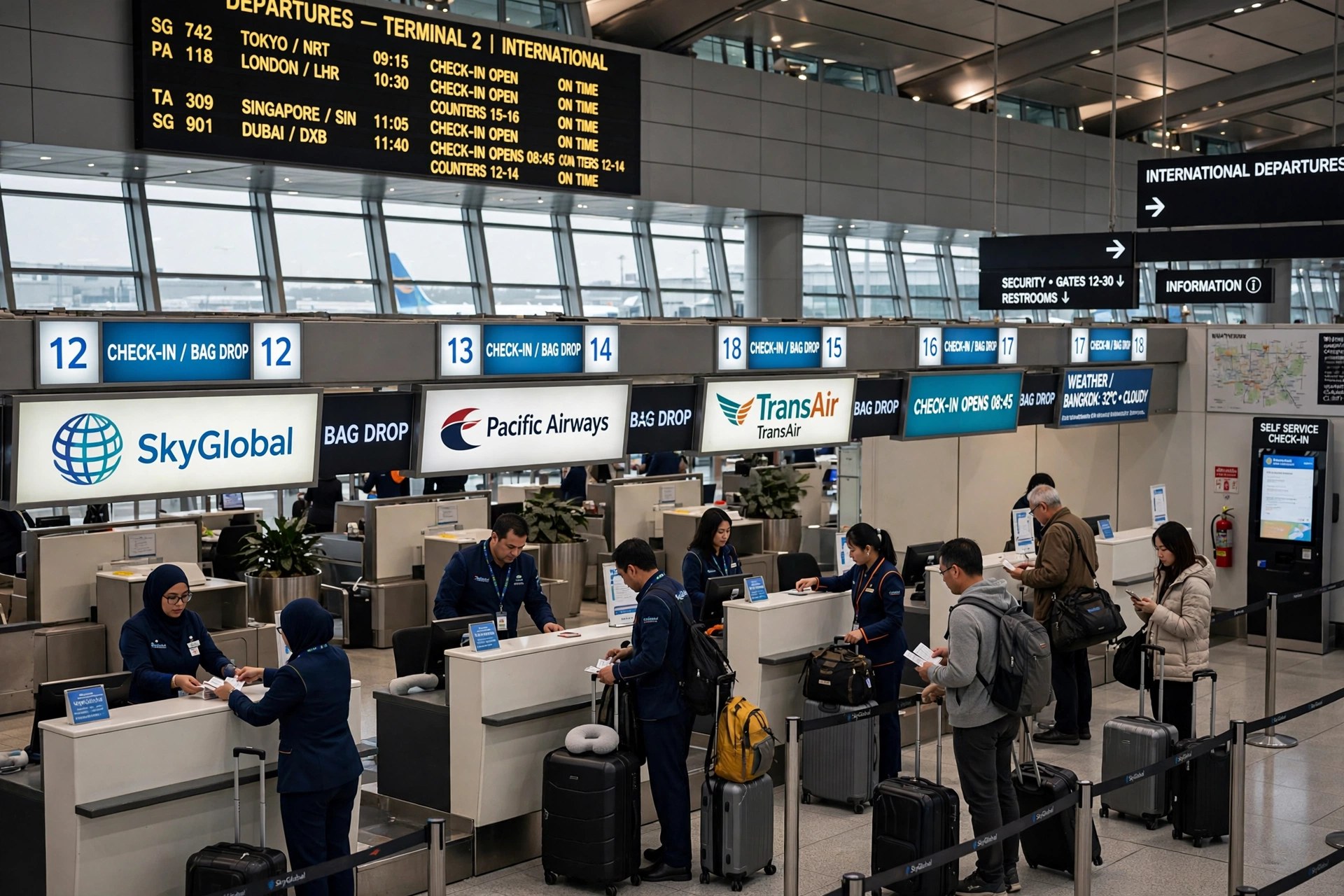 Air Canada check-in area at an international airport terminal