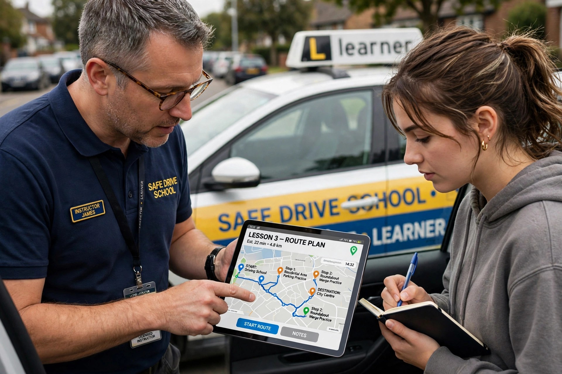 Driving instructor reviewing a 3D test route map with a learner driver