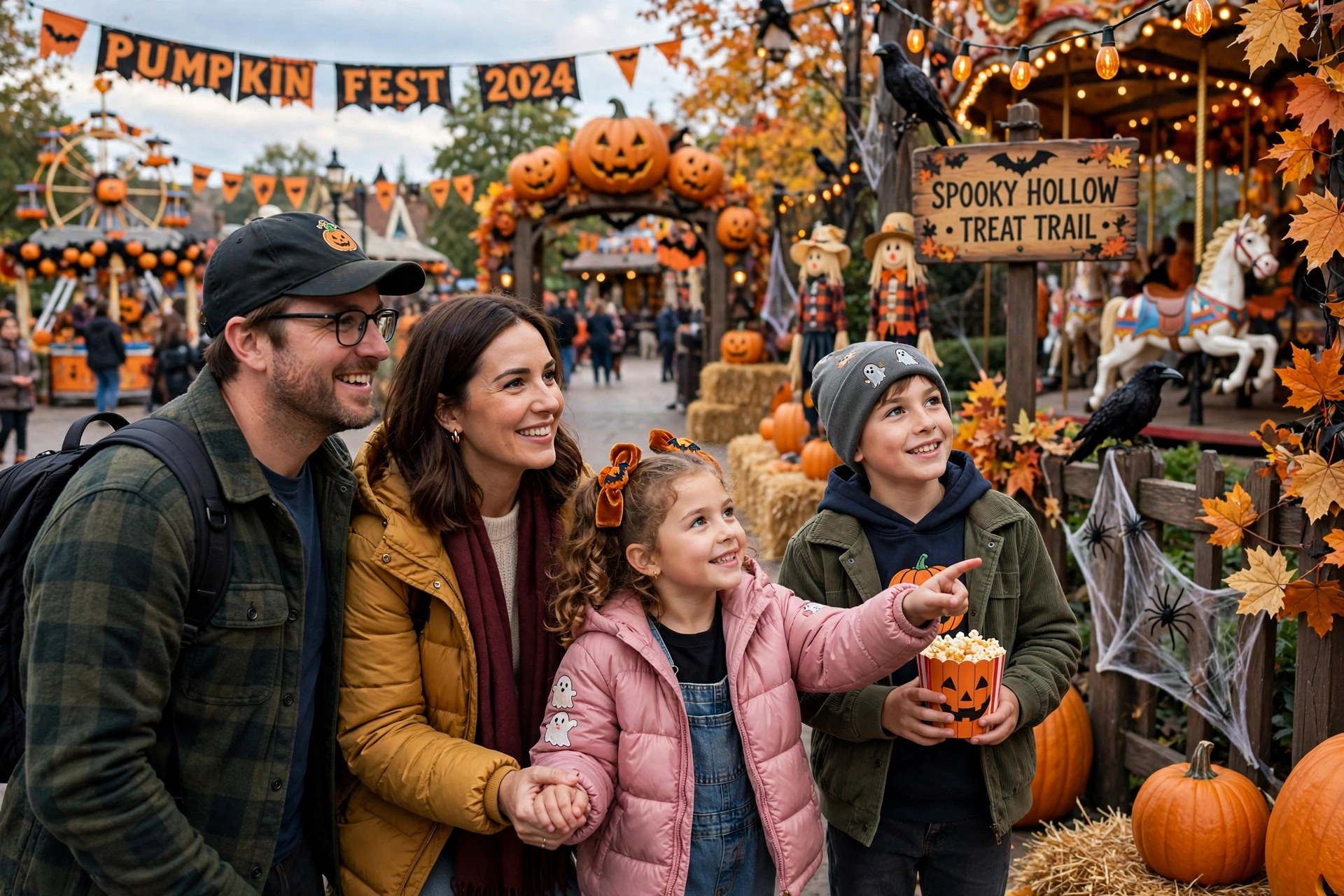 Family enjoying Halloween decorations and rides at LEGOLAND Dubai theme park