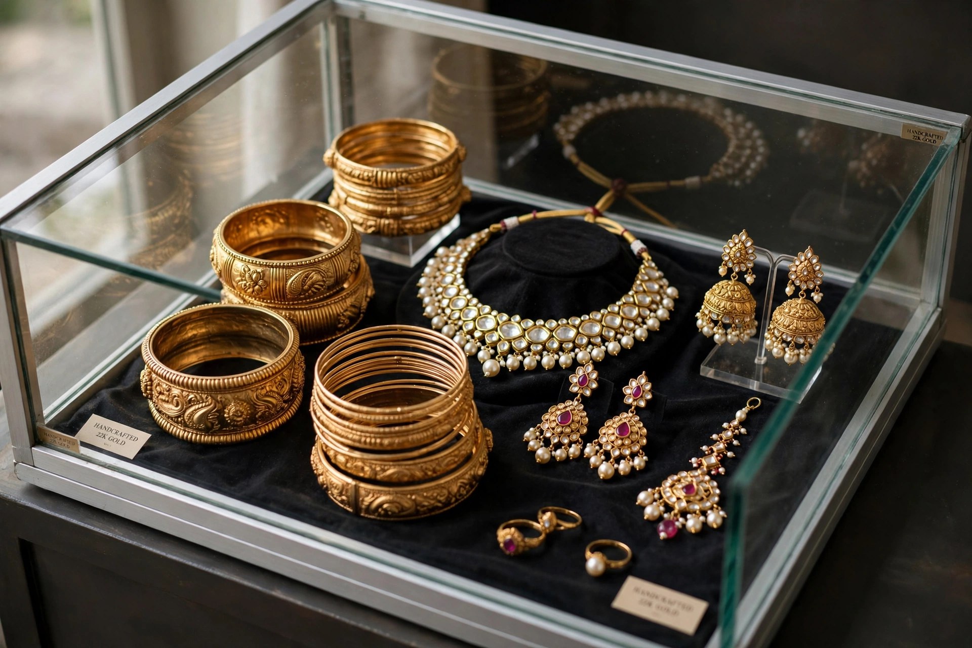 Traditional gold bangles and jewellery in a UAE store display