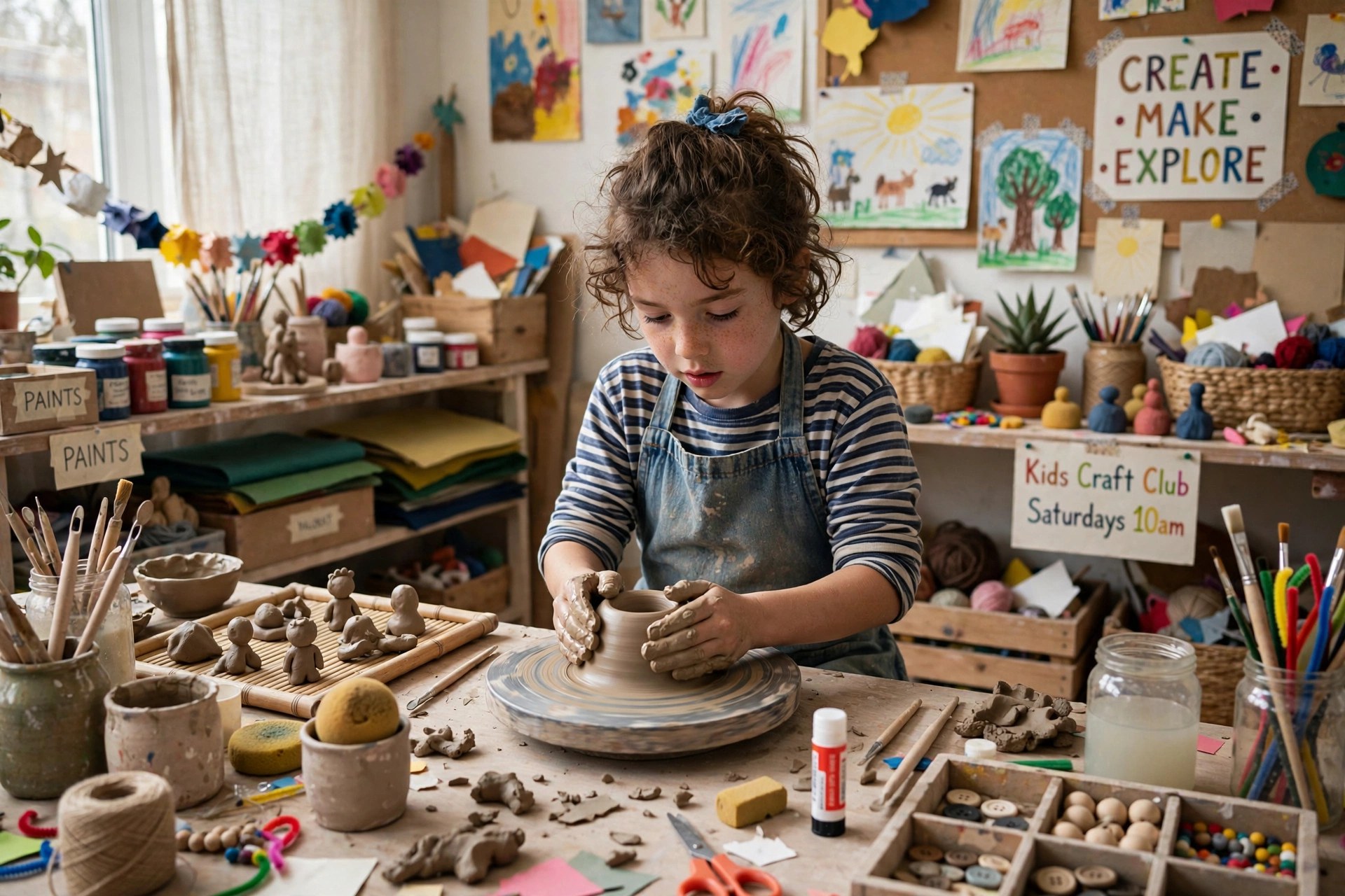 Child doing pottery and crafts at a creative workshop