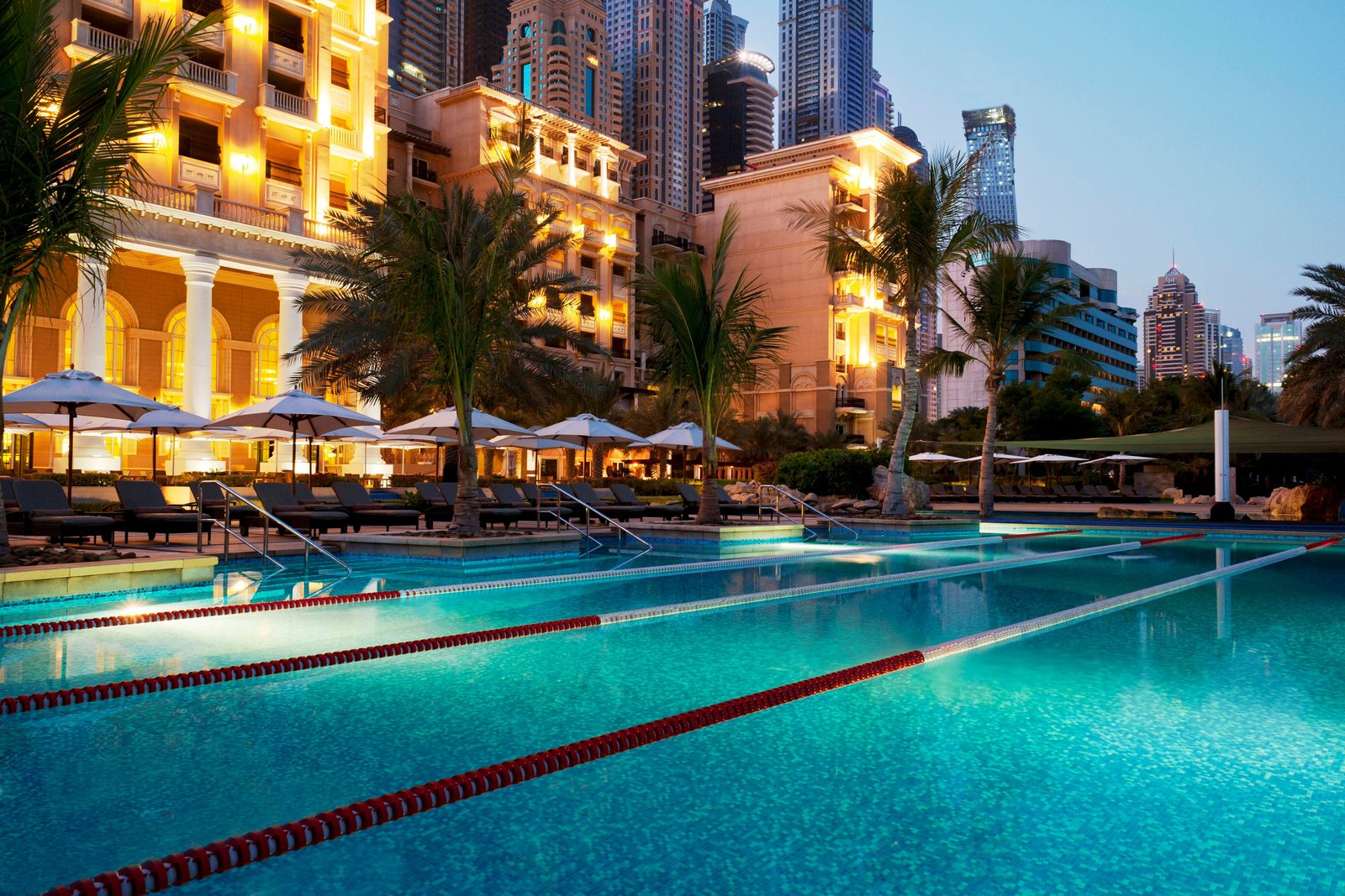 Outdoor hotel pool in Dubai, a common feature of airport hotels near DXB
