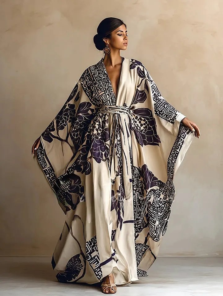 Printed open kimono-style abaya with a belt and wide sleeves on a model