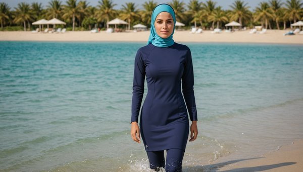 A woman in a full-coverage burkini wading into clear sea water