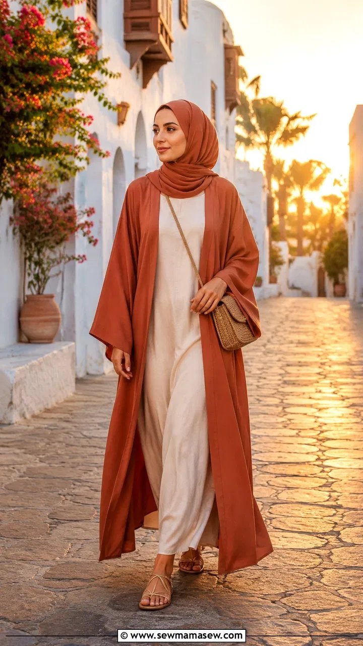 Modest kaftan dress in soft tones worn as an iftar outfit
