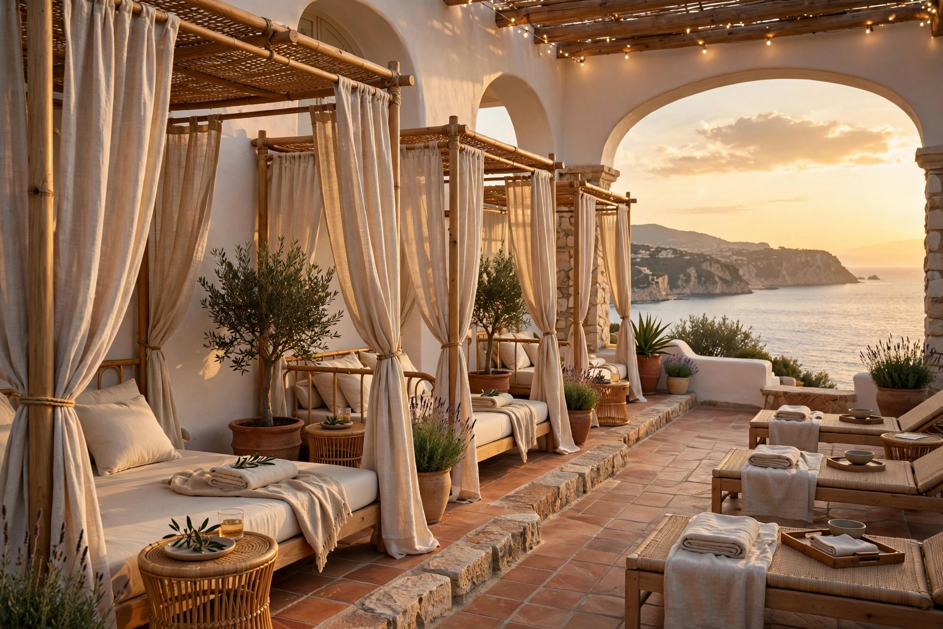 Elegant beach club terrace with cabanas and sea views at golden hour