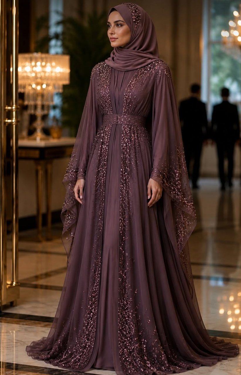 Woman wearing a kimono-style open abaya over a modest evening outfit