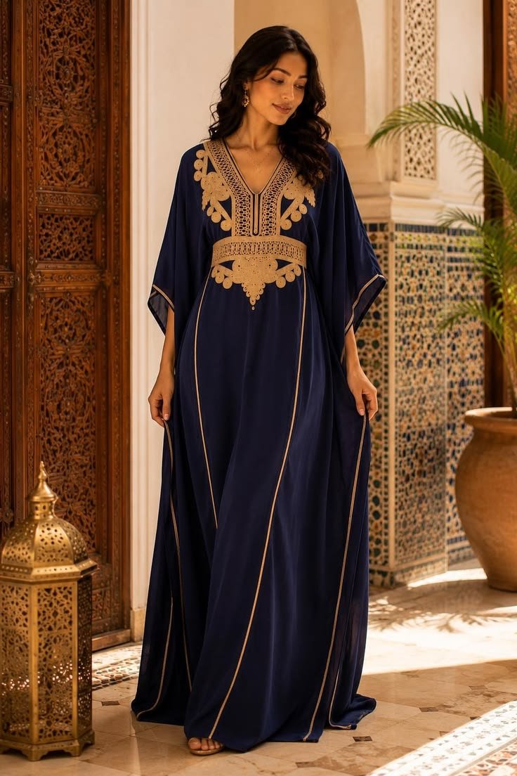 Navy blue kaftan with gold embroidery worn by a woman