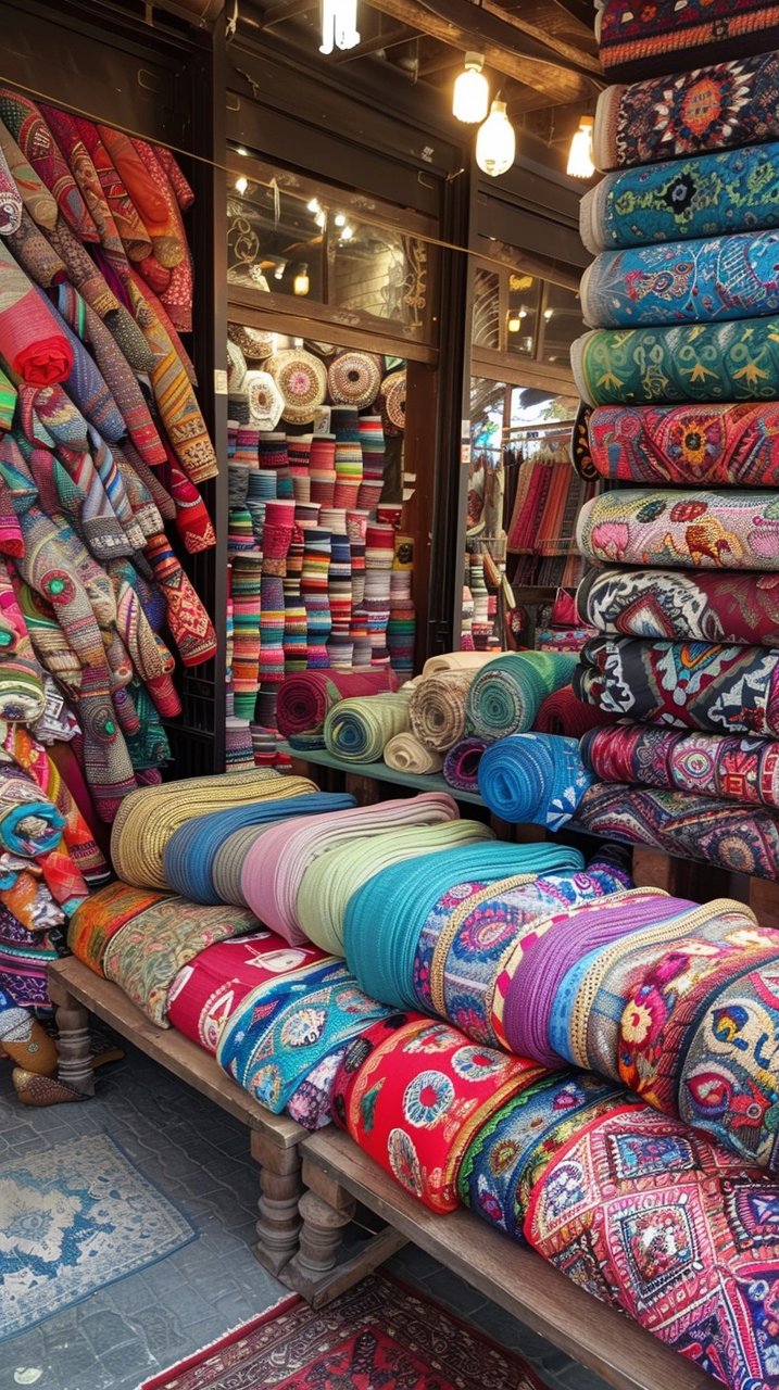 Rolls of colourful fabric stacked in a textile market shop