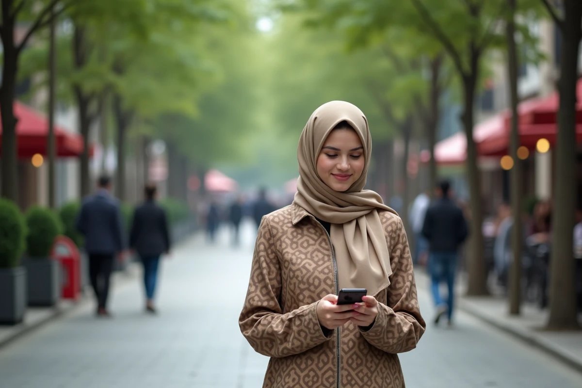 A woman in a light hijab walking through a city street on a sunny day